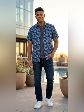 Nat Nast Men’s Silk Blend Short Sleeve Palm Button Up Navy Blue Shirt Size L
